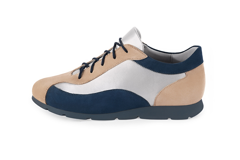 Biscuit beige, light silver and navy blue women's three-tone elegant sneakers. Round toe. Flat rubber soles. Profile view - Florence KOOIJMAN